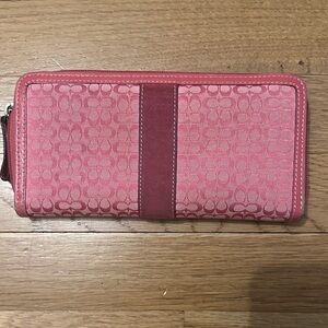 Coach Pink Signature Zip Wallet with Center Suede Stripe